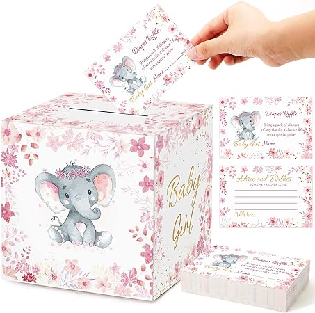 50 Pcs Elephant Diaper Raffle Tickets with Baby Shower Holder Box Baby Party Decorations Diaper Raffle Box Baby Shower Card Girl Elephant Game Insert Card for Baby Party Diaper Raffle Game