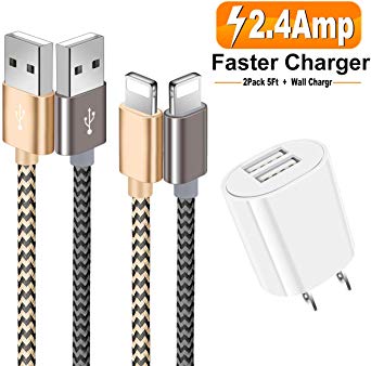 Phone Fast Charger, 2-Pack 5Ft/1.5M Nylon Braided Phone Charging Cable Data Sync Transfer Cord