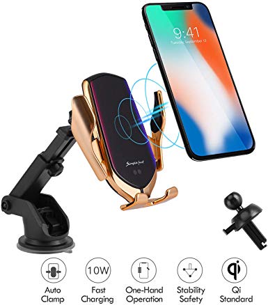 Hinyx Wireless Car Charger, 3 in 1 Qi 10W Fast Wireless Auto-Clamping Charge Car Air Vent Dashboard Mount Phone Holder for iPhone 11 pro XS Max XR X 8 Plus, Samsung S9/S9 /S8/S8 /S7/Note 8/Note 5