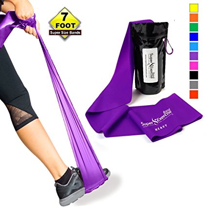 Super Exercise Band 7 ft. Long Resistance Bands. Flat Latex Free Home Gym Fitness Equipment For Physical Therapy, Pilates, Stretch, Yoga, Strength Training Workout. In Light, Medium or Heavy Tension.