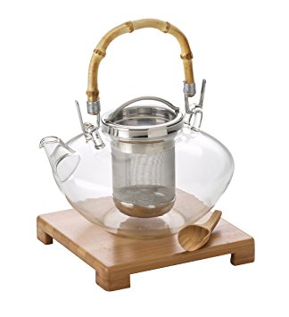 BonJour Tea Handblown Glass “Zen” Teapot with Stainless Steel Infuser and Bamboo Trivet, 42-Ounce