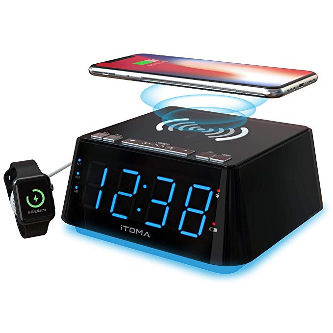 iTOMA Wireless Charger Alarm Clock for bedroom,office and kids,user friendly.Multi function[dual alarm,night light,brightness dimmer,snooze,battery backup,big display,room temperature,usb charger,sleep timer,DST] (Wireless Charger Alarm clock, 801)