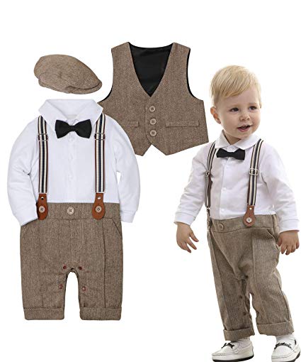 ZOEREA Baby Boy Outfits Set, 3pcs Long Sleeves Gentleman Jumpsuit & Vest Coat & Berets Hat with Bow Tie