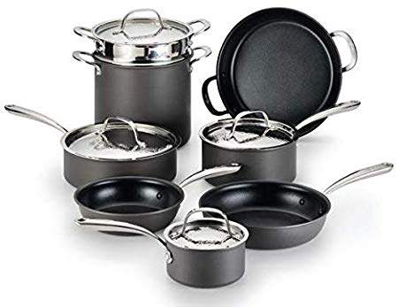 Lagostina H904SC64 Nera Hard Anodized Nonstick 12-Piece Cookware Set with Hammered Stainless Steel Lids, Dishwasher Safe,Grey