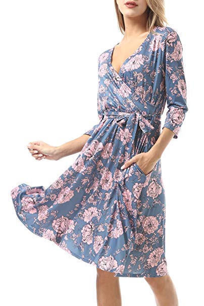 Womens Flare Floral Printed V-Neck 34 Sleeve Wrap Waist Tie Midi Dress with Pockets