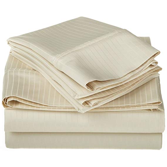 100% Egyptian Cotton 1000 Thread Count Oversized King Sheet Set Stripe, Ivory