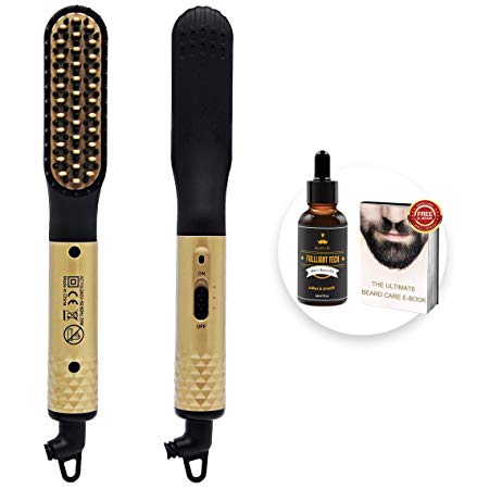 Beard Straightener, Hair Straightener Brush,Quick Electric Heated Beard Hair Brush Comb with FREE Beard Oil and Beard E-Book,Great Gifts for Men Women (Gold)