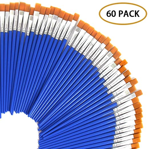 60 Pcs 9mm Wide Flat Paint Brushes Set with Nylon Hair,Small Brush Bulk for Detail Painting,Short Plastic Handle,Acrylic Oil Watercolor Fine Art Painting for Kids,Students,Starter,Teens, Adults, Artis