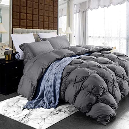 Luxurious Four-Season Goose Down Comforter Duvet Insert, Premium Gray Pinch Pleat Design, 1200 Thread Count 100% Egyptian Cotton, 750+ Fill Power, 60 oz. Fill Weight (Queen, Gray)