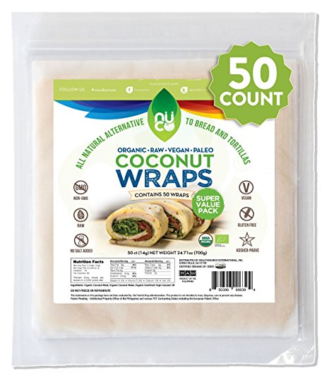 NUCO Certified ORGANIC Paleo Gluten Free Vegan Coconut Wraps, 50 Count (One Pack of Fifty Wraps)