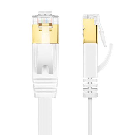 TNP Cat7 Shielded Ethernet Flat Patch Network Cable - 10Gbps 600Mhz High Performance with Snagless RJ45 Connectors Gold Plated Plug S/STP Wires Networking Cable Wiring Black (82 Feet, White)