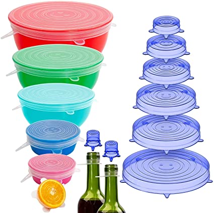 ALINK Silicone Stretch Lids, 16 PCS Reusable Silicone Food Cover Wrap, BPA Free and Expandable Food Saver Covers for Various Container, Bowls, Dishes, Jar, Pot,Red wine bottle,Microwave & Dishwasher Safe (Blue&Transparent)