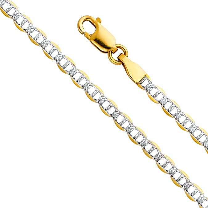 14k REAL Two Tone Gold Solid 3mm Flat Mariner White Pave Chain Necklace with Lobster Claw Clasp