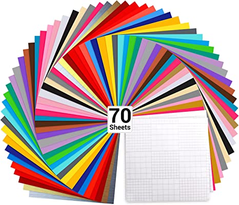 70 Vinyl Sheets, Ohuhu Permanent Adhesive Backed Vinyl Sheet Set for Cricut, 60 Vinyl Sheets 12" x 12"   10 Transfer Tape Sheets, 30 Color Sheet for Birthday Party Decoration, Sticker, Craft Cutter, Car Decal