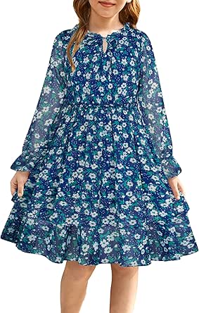 GRACE KARIN Girls Fall Long Sleeve Dress Formal Party Holiday Smocked Waist Midi Dresses 5-12Years