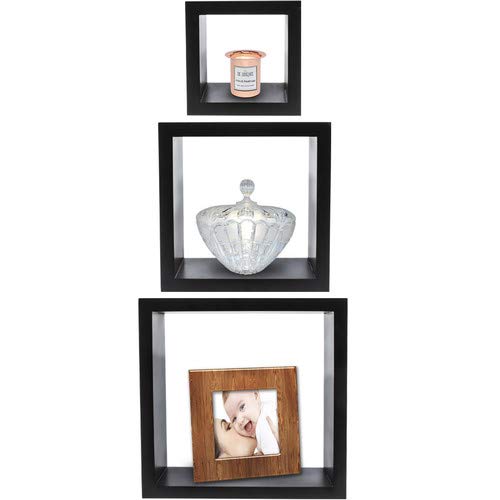 Sorbus Floating Shelves— Square Shaped Hanging Wall Shelves for Decoration - Features Shadow Square Frame Design for Photo Frames, Collectibles, Decorative items, and Much More (Set of 3, Black)