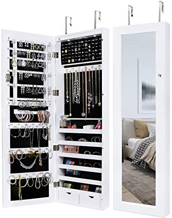 Greenco Over The Door Organizer Armoire with Large Mirror and Led Light, Lockable White