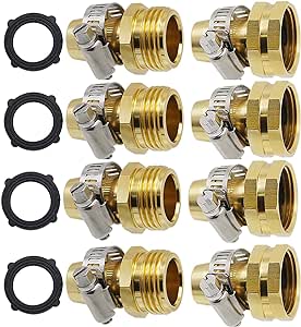 VASLON 4 Sets 5/8" Garden Hose Repair Kit Brass Hose Mender End Repair Female and Male Water Hose Connector with 8 Pieces Stainless Steel Clamps and 4 pcs Washer