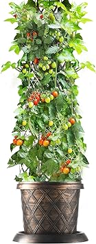 Raised Garden Bed Planter Box with 4' Tower Plastic Pot Barrel Cone-Shaped Tall Cages with Trellis for Climbing Outdoor Vegetables Plants Cucumber, Grape, Beans and Flowers Bronze