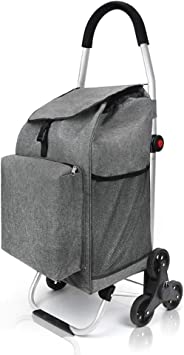 Cosaving Shopping Cart Foldable, Shopping Trolley with Aluminum Frame for Heavy Duty Stair Climber Cart with Tri-Wheel, Bigger Waterproof Shopping Bag, Grey