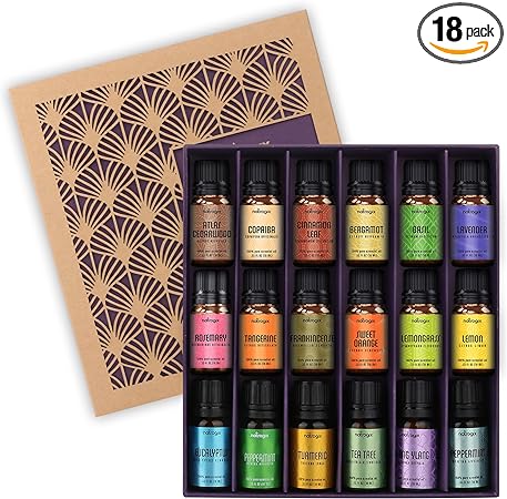 Essential Oils Set, Natrogix Fragrance Oil 100% Pure Essential Oils for Humidifiers, Diffuser, Aromatherapy, Skin Care, Massage, Candle and Soap Making, 18x10ML(0.33fl.oz), Made in USA