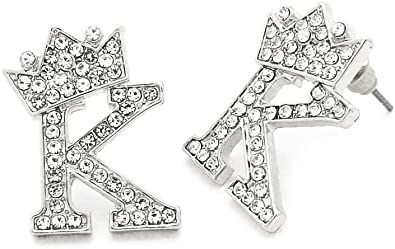 Fashion 21 Hip Hop Crown Tilted Initial Alphabet Letter Pierced Post Stud Earring Gold, Silver Tone