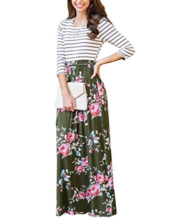 MEROKEETY Women's Striped Floral Print 3/4 Sleeve Tie Waist Maxi Dress with Pockets