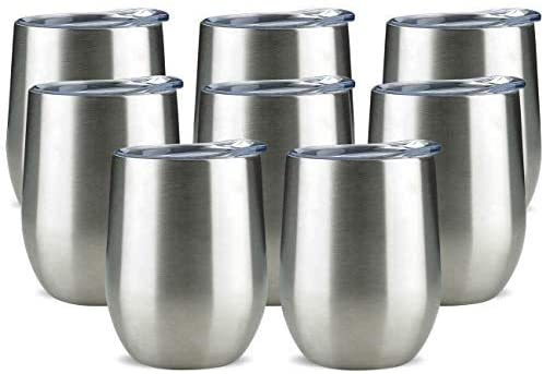 Jearey Stemless Wine Glass Tumbler 12 oz Stainless Steel Double Wall Vacuum Insulated Wine Cup with Lid Travel Friendly (8 Pack, Stainless Steel)