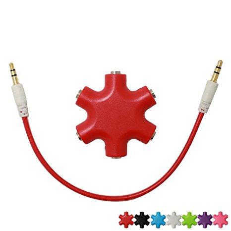 SEGMOI Snowflakes Shape 6-way 3.5mm Stereo Audio Headset Hub Splitter Up to 5 Headphones For iPhone 4 4S 5 5S 6 6Plus iPad iPod Touch Mp3 Mp4 Samsung HTC Blackberry LG Huawei Xiaomi (Red)