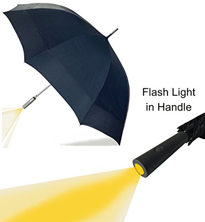 Large Umbrella with LED Flash Light in the Easy Grip Handle. Super Strong & Waterproof, 10 Metal Ribs & Fibreglass Shaft, Largest Double Wind Vents in the Market. Highest Quality 210T UV Fabric