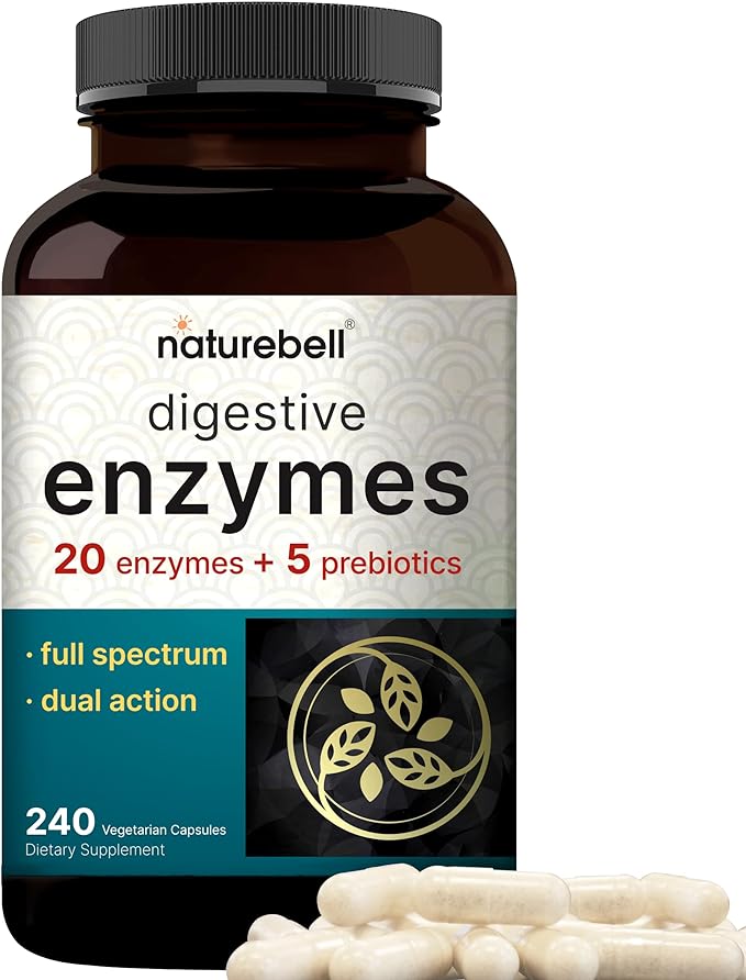 NatureBell Digestive Enzymes with Prebiotics | 240 Veggie Capsules - 20 Enzyme & 5 Prebiotic Complex – Support Gut Health, Bloating Relief for Women & Men, Non-GMO, Vegan Friendly