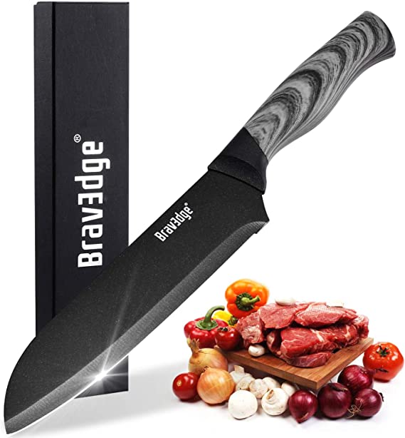 Chef Knife - Bravedge 7'' Kitchen Knife, Professional Santoku Knife Chopping Knife, Ultra Sharp Stainless Steel Blade with Sheath, Ergonomic Handle Elegant Gift Box Great Gift Choice