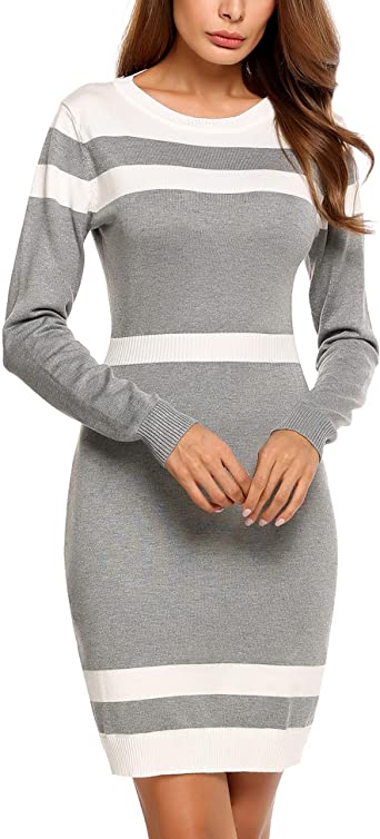 Beyove Women's Colorblock Striped Long Sleeve Cotton Knit Sweater Bodycon Dress S-XXL
