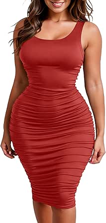 Zeagoo Women's Sexy Dress Summer Sleeveless Ruched Midi Tank Dress Plue Size Bodycon Fitted Party Dresses