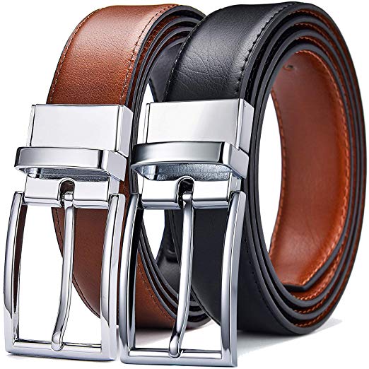 DWTS Men's Belt Adjustable Reversible Genuine Leather Dress Belt for Men with Rotated Buckle Trim to Fit