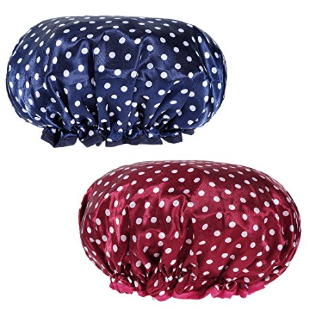 Rovtop 2 Pieces Double-layer Bath Cap,Top Diameter Approx 10.6 Inches with Polka Dot Pattern for Women Shower Spa