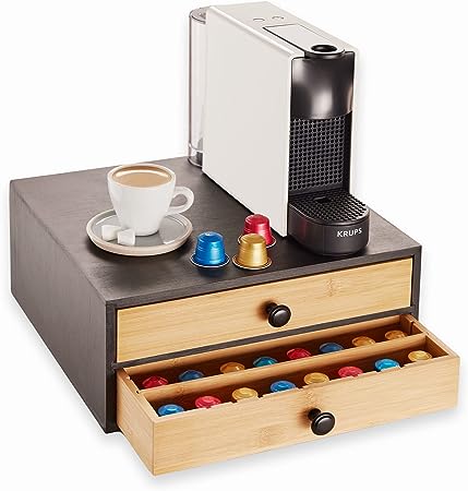 Navaris Bamboo Coffee Pod Drawer Organizer - Capsule Storage Holder Compatible with Keurig K Cup Capsules or Pods - 2 Drawers with Adjustable Dividers