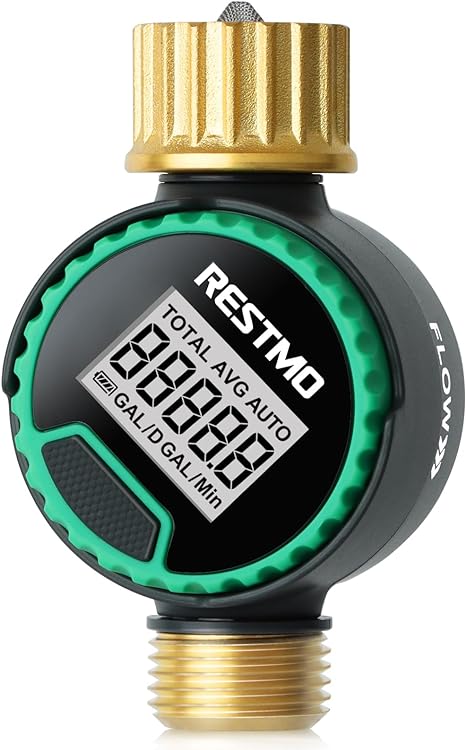 RESTMO Water Flow Meter with 360° Rotatable Control Panel, Brass Inlet & Outlet, Measure Gallon/Liter Consumption and Flow Rate for Garden Hose Nozzle Watering, RV Water Tank Filling, Lawn Sprinkler