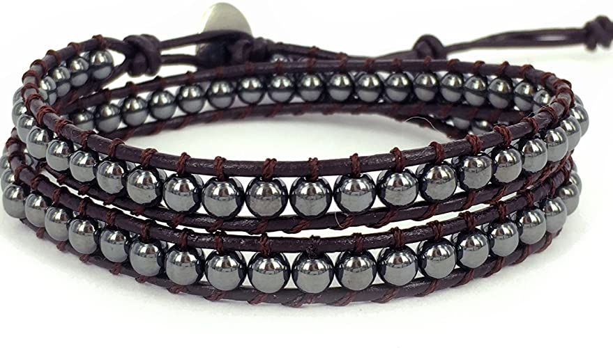 QIDISI” Stone Beads Copper Genuine Leather Bracelet Bangle Cuff Rope Bead 2 Wrap Adjustable