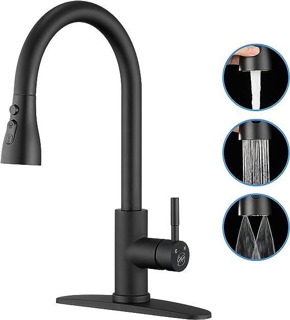 Matte Black Kitchen Faucet with Pull Down Sprayer - High Arc Stainless Steel Kitchen Sink Faucet, 3-Function Pull Out Kitchen Faucet, Single Hole Single Handle Sink Faucet, Modern Kitchen Faucets