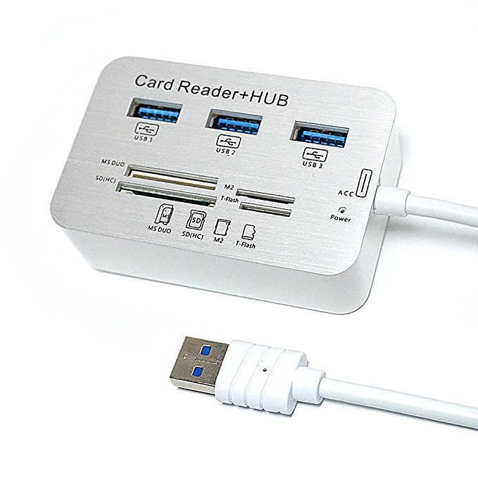 ERCENTURY USB3.0 Card Reader and 3 Ports Usb Hub, High Speed External Memory Card Reader (MS, Micro SD,SD/MMC,M2,TF Card)(USB 3.0)