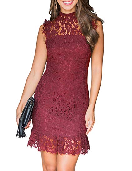 MEROKEETY Women's Sleeveless Lace Floral Elegant Cocktail Dress Crew Neck Knee Length for Party