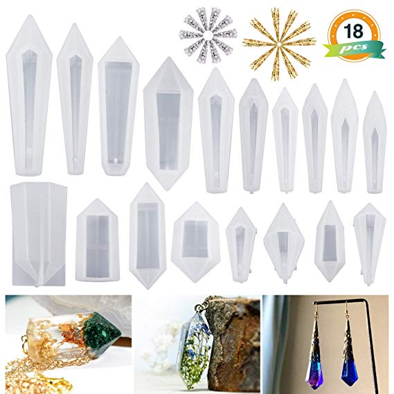 LET'S RESIN Resin Pendulum Molds 18Pcs Flexible Silicone Quartz Crystal Molds with 20 Pcs Metal Bead Caps, Multi-Facet Gemstone Shape Pendant Molds, Epoxy UV Resin Molds for Resin Jewelry, Pendant