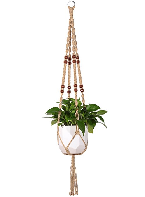 Mkono Macrame Plant Hanger Indoor Outdoor Hanging Planter Basket Jute Rope With Beads 4 Legs 48 Inch