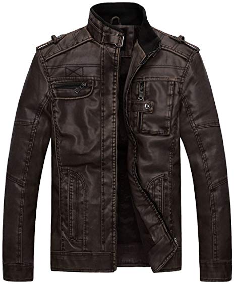Wantdo Men's Vintage Stand Collar Faux Leather Jacket