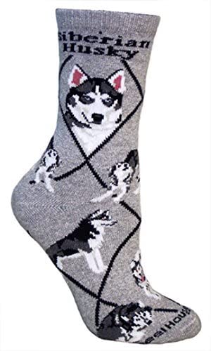 Siberian Husky on Gray Ultra Lightweight Cotton Crew Socks - Made in USA