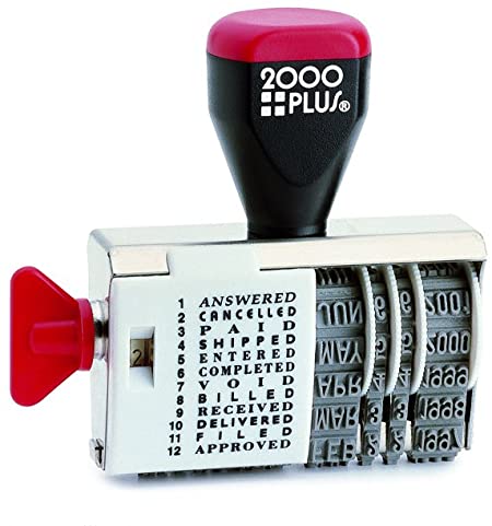 2000 PLUS Traditional Date and 12 Phrase Stamp, Answered, Cancelled, Paid, Shipped, Entered, Completed, Void, Billed, Received, Delivered, Filed, Approved, 3/8" x 1-1/4" Impression, Black Ink(010180)