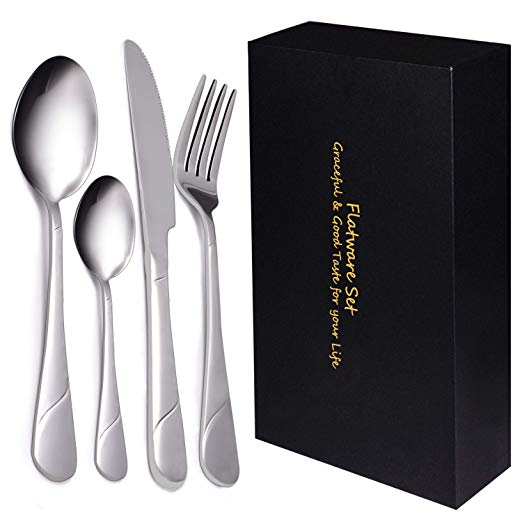 Yazer 24-Piece Silverware Flatware Cutlery Set, Stainless Steel Utensils Service for 6, Include Knife/Fork/Spoon, Mirror Polished, Dishwasher Safe, Silver
