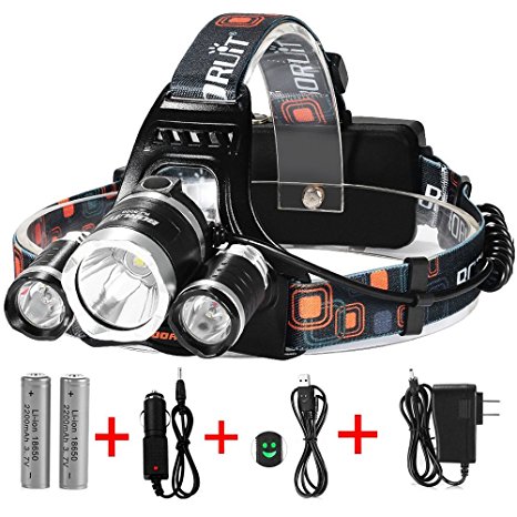 totobay LED Headlamp, {5000 Lumens Max} 4 Modes Waterproof Head Flashlight Light with 2 Rechargeable Batteries, USB Cable, Wall Charger and Car Charger for Outdoor Sports