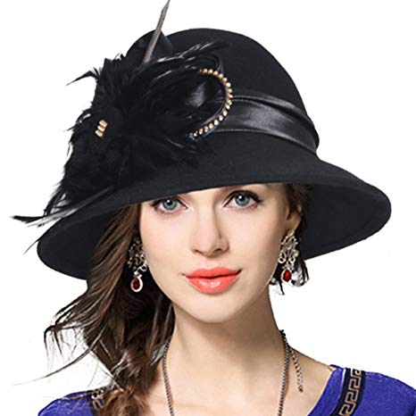 Women's Wool Church Dress Cloche Hat Plumy Felt Bucket Winter Hat